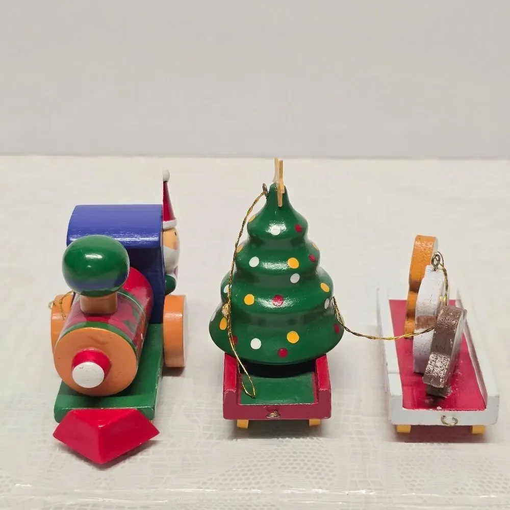 Vintage 80s Wooden Christmas Train Ornaments Set Of 3 Holiday Retro Santa